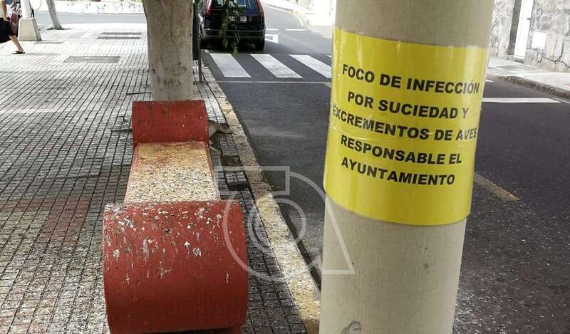 Cartel amarillo denunciando el foco de infección en la rambla de Salinetas/TA.